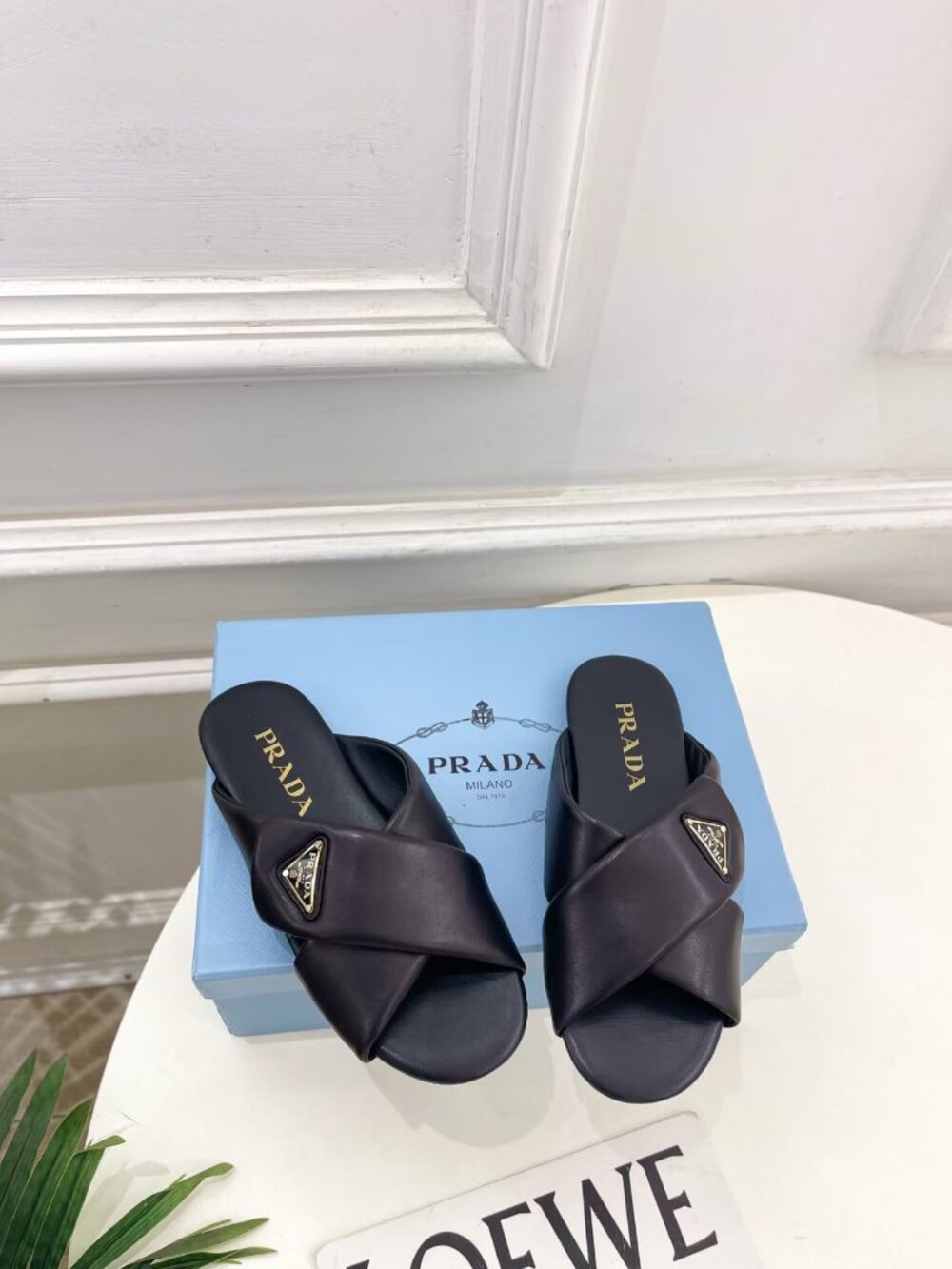 Prada Black Crisscross Strap Slide Sandals Metallic Triangle Logo Slip On Mules